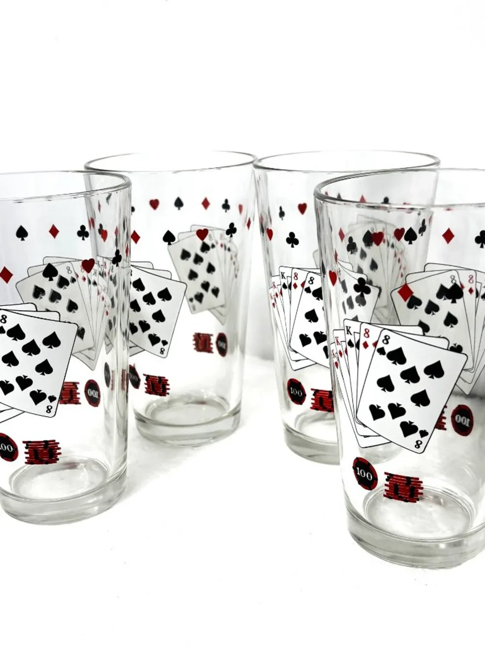 VTG Barware Set of 4 Beer Glasses Full House Playing Cards  w/ Poker Chips